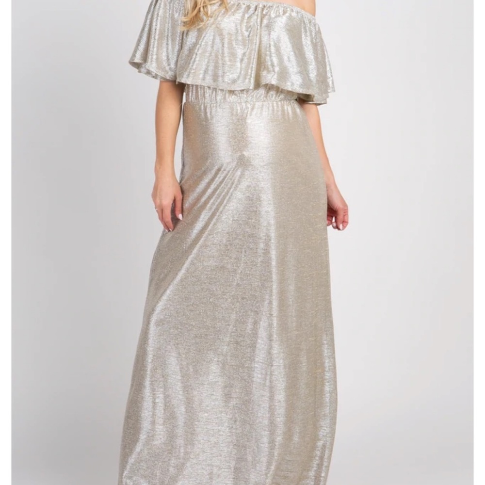 PinkBlush Gold Shimmer Off Shoulder Maxi Dress